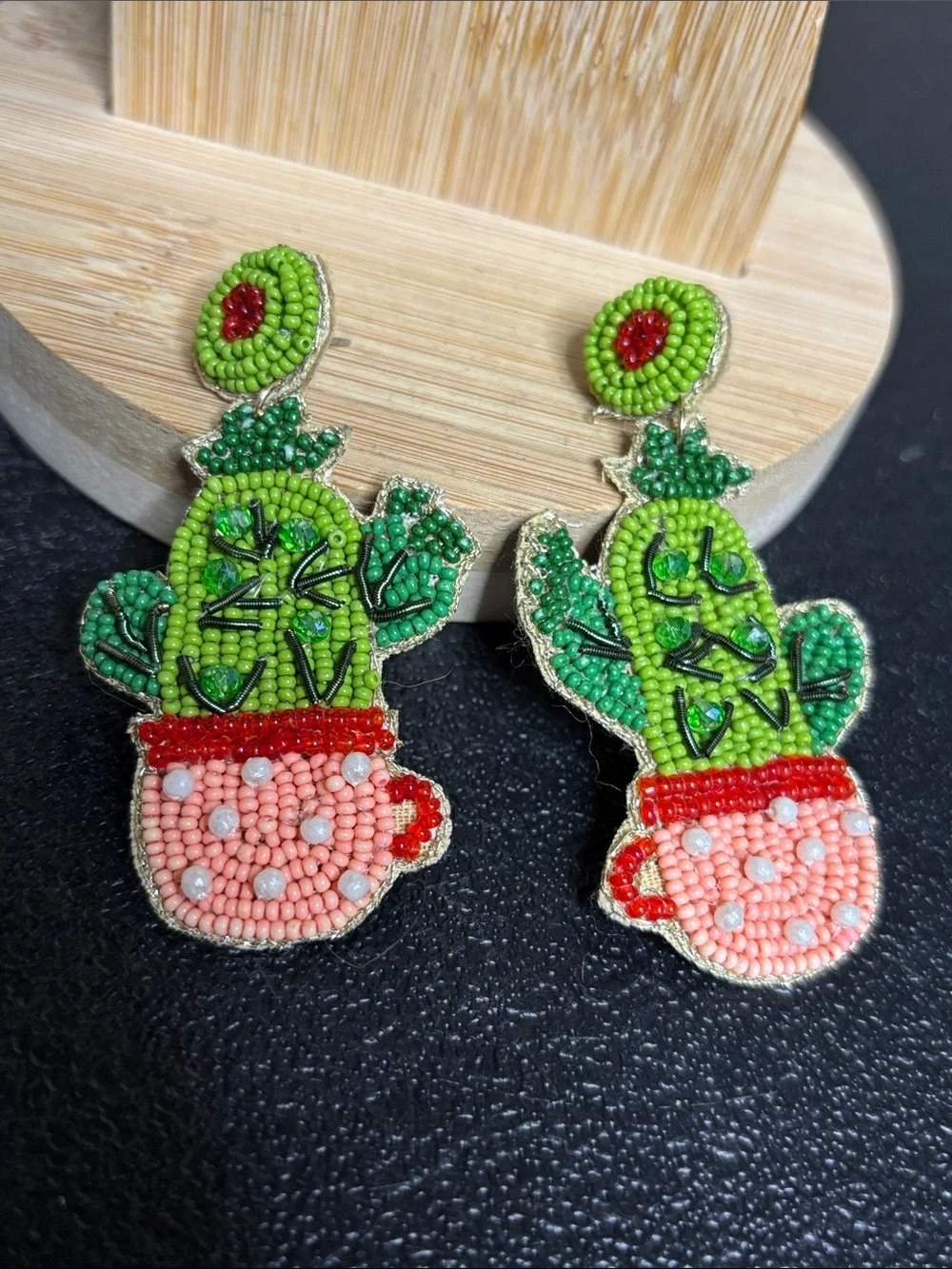 Beaded Cactus Polka Dot Planter Dangle Earrings - Green & Coral